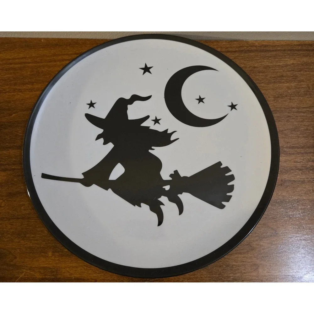 Halloween Melamine Plate Set 8pc Black White Spooky Graphics Witch Haunted House